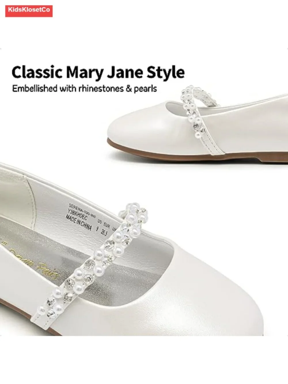 Girls Mary Jane Dress Shoes Ballerina Flats with Pearls and Rhinestones for